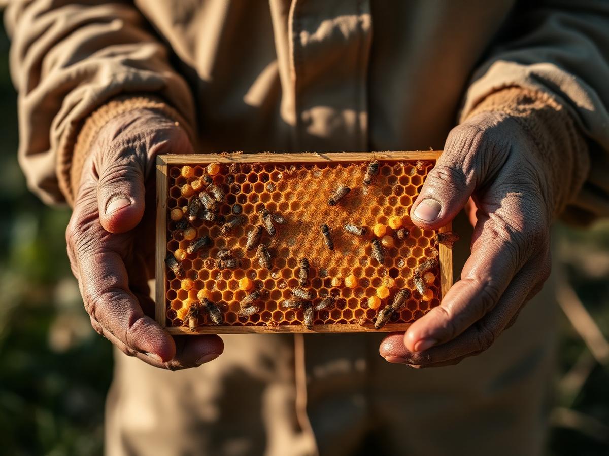 Beekeeper's hands holding a frame of golden honeycomb