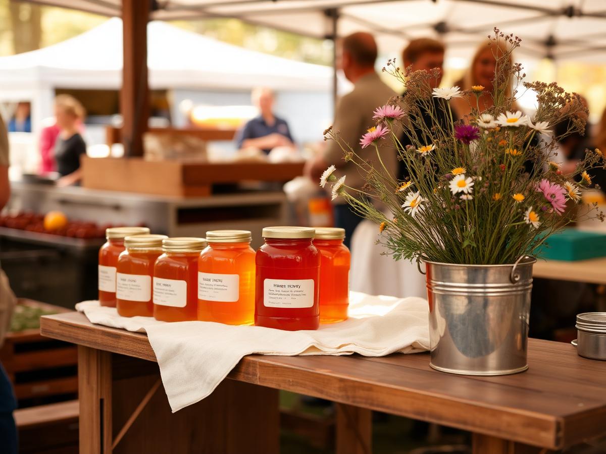 Jars of local honey on a Hudson Valley farmers market table