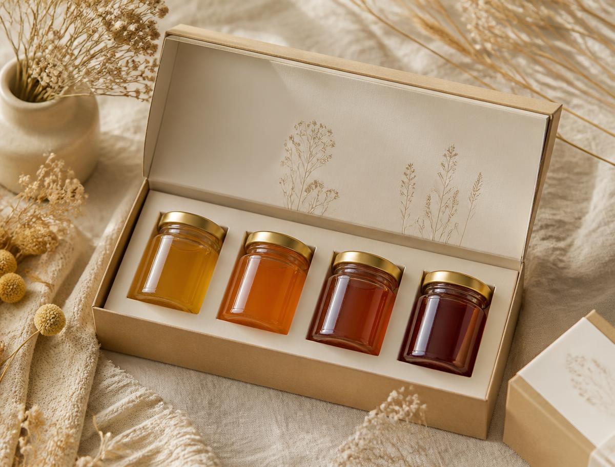 Gift box with four small jars of honey in different amber shades